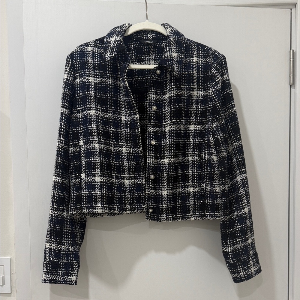 Express Blue and White Plaid Button-Up Jacket